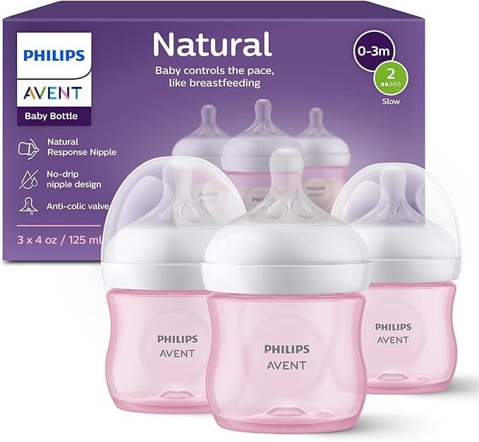 Philips Avent Natural Baby Bottles with Natural Response Nipples (Slow Flow, Flow 2), 4oz, Pink, 3-pack, SCY900/13