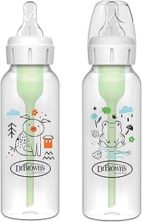 Dr. Brown's Natural Flow Anti-Colic Options+ Narrow Baby Bottle, Pig & Frog, 8 oz/250 mL, with Level 1 Slow Flow Nipple, BPA Free, 0m+, 2-Pack