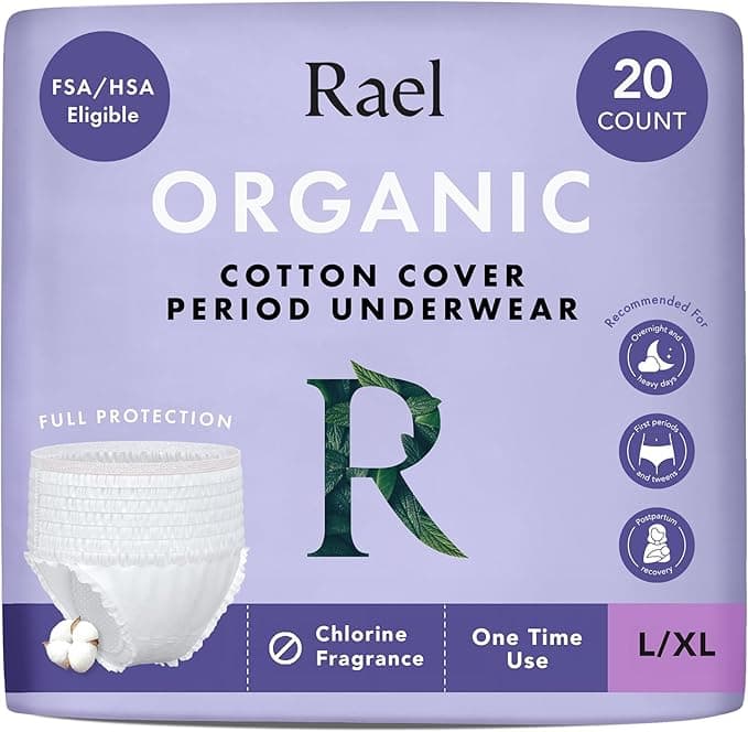 Rael Disposable Underwear for Women, Organic Cotton Cover - Incontinence Pads, Postpartum Essentials, Disposable Underwear, Unscented, Maximum Coverage (Size L-XL, 20 Count)