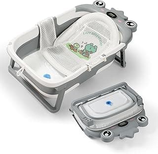 Baby Bathtub for Infant to Toddler,Collapsible Baby Bath Tub with Soft Cushion & Thermometer,Space Saving Foldable & Travel Newborn Bathtub 0-36 Months (Gray, Frog)