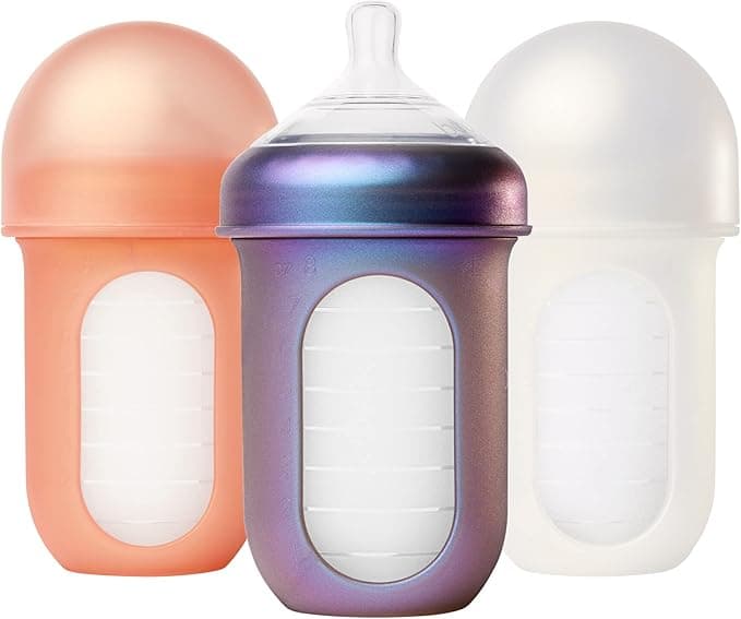 Boon Nursh Reusable Silicone Pouch Baby Bottles - Medium Flow Nipple - Silicone Baby Bottle Pouch and Nipple - Baby Feeding Essentials - Metallic - 3-6 Months - 3 Count - 8 Ounce
