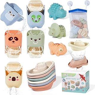 AMCHSURI Bath Toys for Toddlers 1-3, 14 Pack Mold Free Baby Bath Toys Bathtub Water Play Toys with Floating Boats & Bath Cups and No Holes Animal Floating Pool Toys for Babies 6-12 Months
