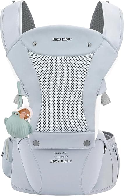 Bebamour Baby Carrier with Hip Seat,All-Position Breathable Mesh Hip Seat & Carrier 0-36Months with Head Hood, 3 PCS Teething Pads, Waist Extender,Storage Bag & Pacifier Case (A Blue)