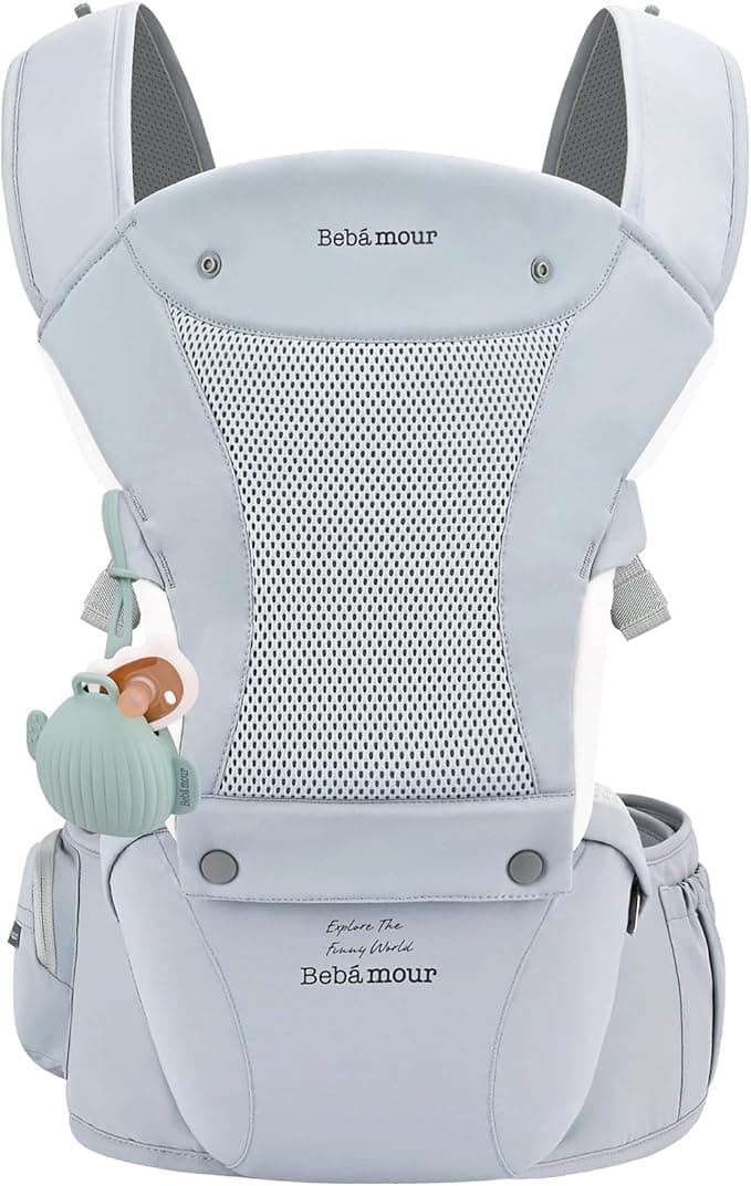 Bebamour Baby Carrier with Hip Seat,All-Position Breathable Mesh Hip Seat & Carrier 0-36Months with Head Hood, 3 PCS Teething Pads, Waist Extender,Storage Bag & Pacifier Case (A Blue)