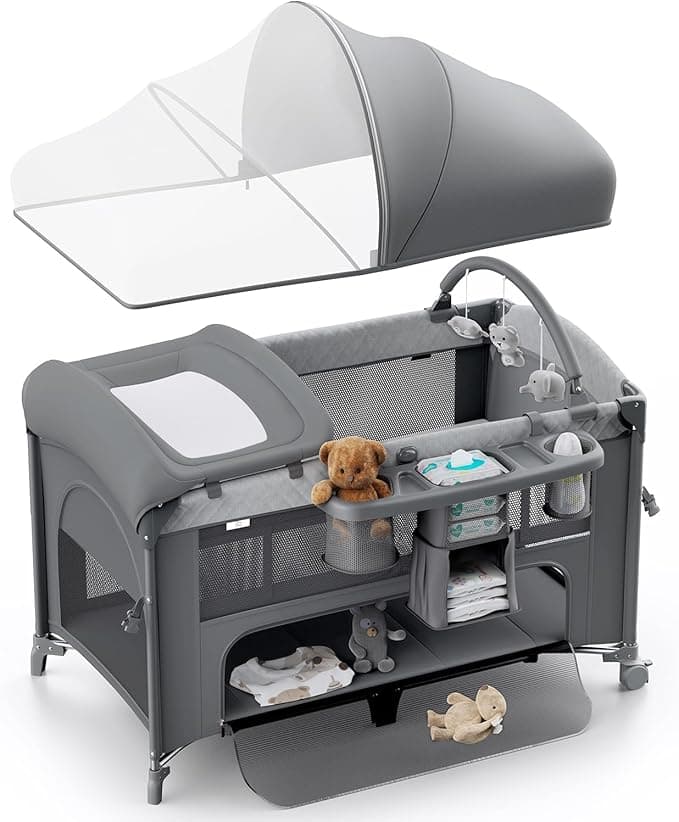 Obee Odee 4 in 1 Baby Bassinet, Pack and Play, Bedside Crib Sleeper, Diaper Changer - Comes with Mattress, Mosquito Net，Bottom Storage and Toy Bar for Newborn to Toddles (Grey)