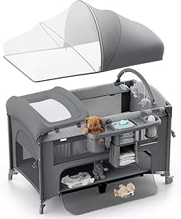 Obee Odee 4 in 1 Baby Bassinet, Pack and Play, Bedside Crib Sleeper, Diaper Changer - Comes with Mattress, Mosquito Net，Bottom Storage and Toy Bar for Newborn to Toddles (Grey)