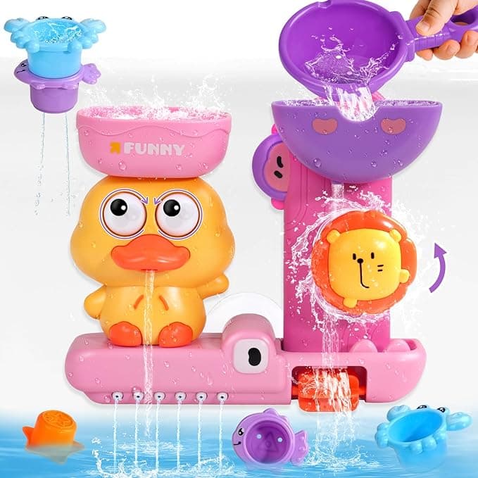 Bath Toys for Toddlers 1-3, Pink Baby Bath Toys for 1 2 3 Year Old Girls, Interactive Duck with 3 Stacking Cups & Water Spoon, Educational Sensory Water Bathtub Toy, Birthday Gift for Kids