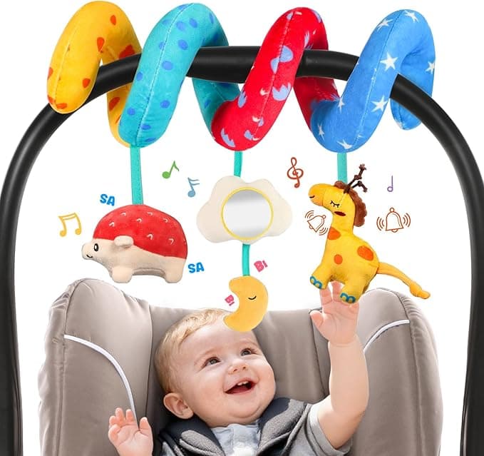 URMYWO Car Seat Toys for Babies 0-6 Months, Hanging Toy Fits Stroller, Sensory Baby Toy with Bell Crinkle Mirror, Baby Travel Gear Shower Gift for Boys Girls, Easter Basket Stuffers