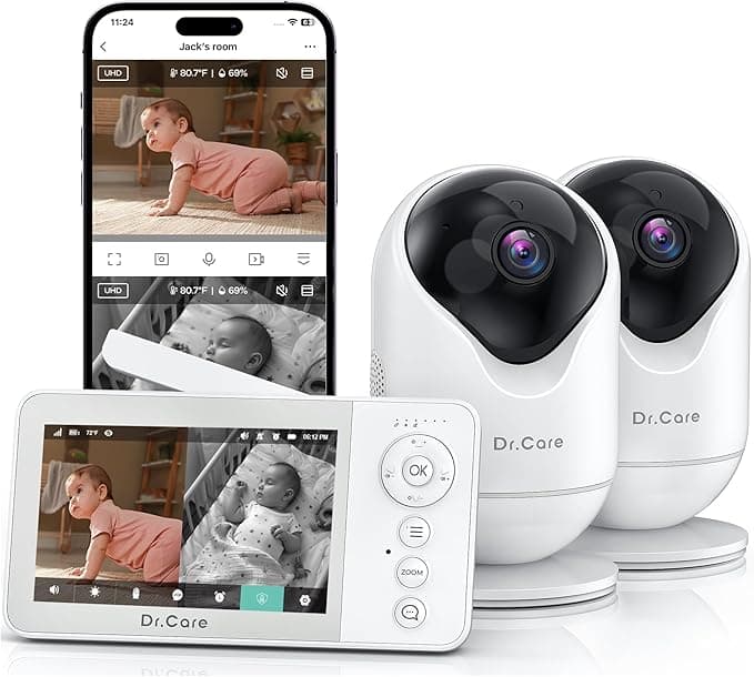 Dr.Care VistaView Lite RB Smart WiFi Baby Monitor with 2 Cameras - 4” 720P Split Screen & 1080P Camera App Control, Motion Alerts, 2500mAh Removable Battery, Night Vision, Multi-User, Triple Security