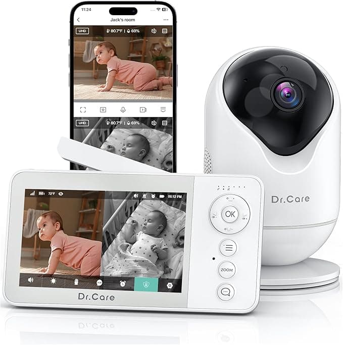 Dr.Care VistaView Lite RB Smart WiFi Baby Monitor - 4” 720P Split Screen & 1080P Camera App Control, Motion Alerts, 2500mAh Removable Battery, HD Night Vision, 2-Way Talk, Multi-User, Triple Security