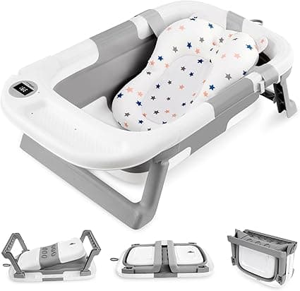 LIVINGbasics Foldable Baby Bath Tub for Infants to Toddler, Anti-Slip Portable Travel Shower Basin with Soft Support Cushion and Temperature Sensor