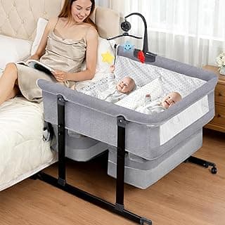 Twin Bassinet with Music Toys & Mosquito Net, Foldable Twin Bassinet for 2 Babies with Storage Basket & Carry Bag, Portable Bedside Sleeper Grey