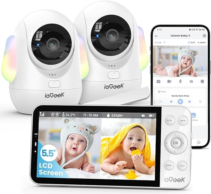 ieGeek 4MP Baby Monitor,RGB Night Light Moniteur Bébé, 5.5" Wireless IPS Screen & Phone App, 355°Auto Tracking, 2.4G/5G WiFi 4000mah Battery,Temp & Humidity Detection,2 Way Audio,Lullabies