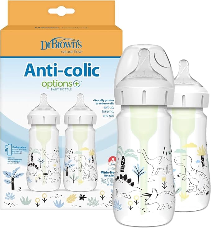 Dr. Brown's Natural Flow Anti-Colic Options+ Wide-Neck Baby Bottle Designer Edition Bottles, Dino Decos, 9oz/270mL, Level 1 Nipple, 2-Pack, 0m+