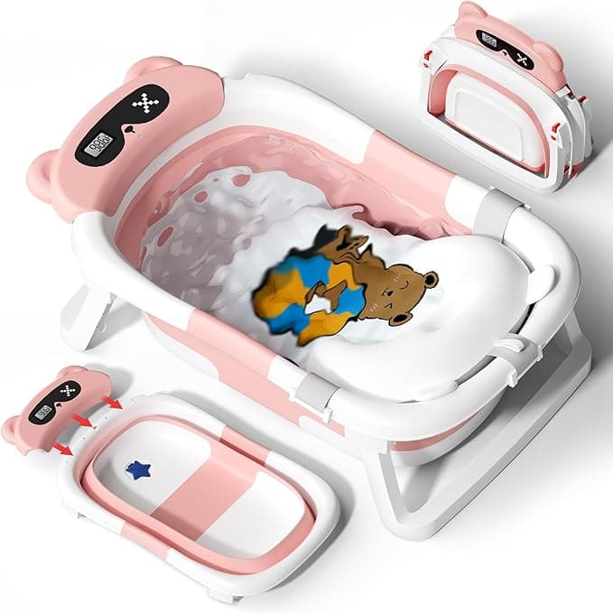 AVIDOR Baby Bathtub, Collapsible Baby Bathtub for Newborn to Toddler, Foldable Newborn Bathtub, Portable Infant Bath Tub for Travel with Soft Cushion, Non Slip Feet, Bear Pink