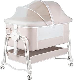 4 in 1 Baby Bassinet Bedside Sleeper, Rocking Bassinet for Baby, Bedside Sleeper with Wheels, Storage, Mosquito Net and Matress Included, 7 Level Adjustable Bedside Bassinet for Newborn Baby (Cream)