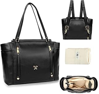 miss fong Diaper Bag Tote Leather Diaper Bag Backpack,Large Capacity Mommy Bag Hospital Bag,12 Pockets Travel Diaper Tote with Changing Pad，Stroller Straps & Insulated Pockets for Mom & Dad-Black