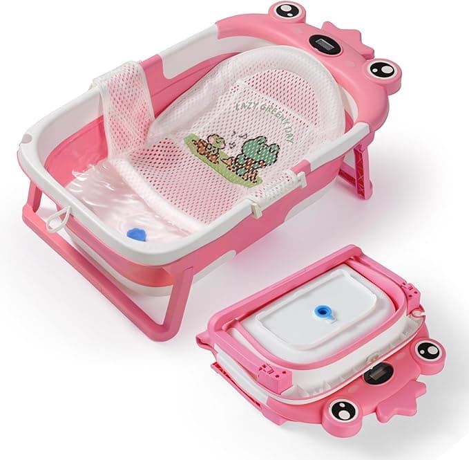 Baby Bathtub for Infant to Toddler,Collapsible Baby Bath Tub with Soft Cushion & Thermometer,Space Saving Foldable & Travel Newborn Bathtub 0-36 Months (Pink, Frog)