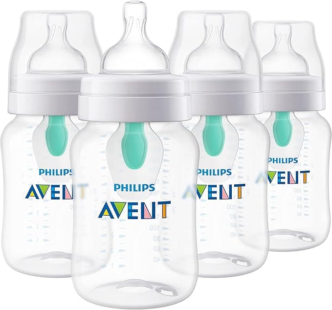 Philips Avent Anti-Colic Baby Bottle with AirFree Vent, 9oz, with Flow 2 Nipples, 1m+, 4pk, Clear, SCY703/04
