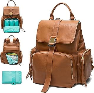 MOMINSIDE Diaper Bag Backpack, Leather Backpack with 14 Pockets, Baby Bag Travel Backpack Baby Registry, Large Capacity, Changing Pad, 4 Insulated Pockets, Wet Bag (Brown)