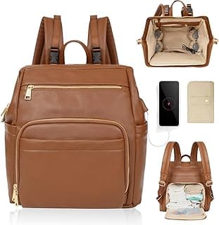 Omanmoli Diaper Bag Backpack Leather Large Baby Diaper Bag Essentials With 18 Organizing Pockets,6 Insulated Pockets,USB Charging Port,Stroller Straps,Changing Pad (Brown)