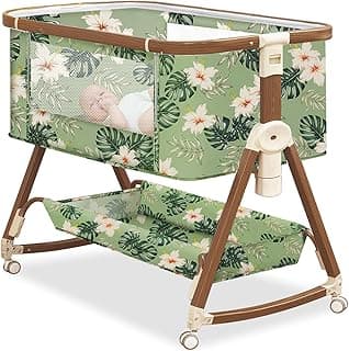 Baby Bassinet Bedside Sleeper - 3 in 1 Bassinets with Unique Plant Printing, 7 Adjustable Height Bedside Bassinet for Baby Newborn Infant, Easy to Move, Breathable Mesh, (Plant Printing)