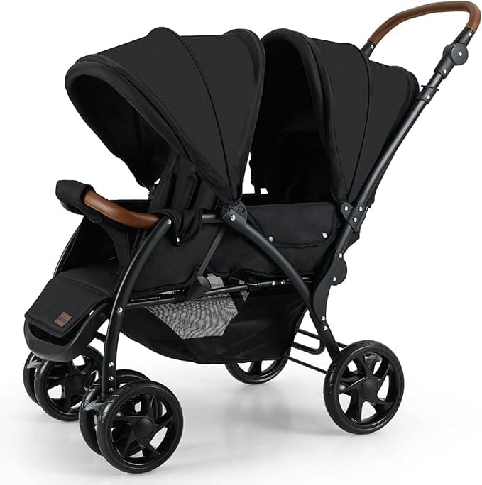 INFANS Double Stroller, Foldable Baby Tandem Stroller with djustable Backrest Canopy Footrest, 5-Point Harness, Storage Basket, Convertible Compact Twin for Infants and Toddlers (Black)