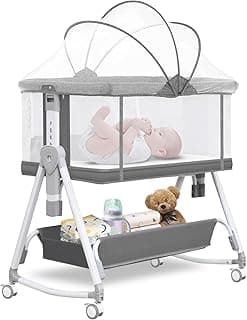 Baby Bassinet, 3 in 1 Bassinets Bedside Sleeper, 7 Height Adjustable Bedside Bassinet for Baby with Wheels and Mattress, 4-Sided Mesh Bedside Crib for Newborn, Grey, Youluzhen