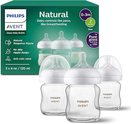 Philips Avent Natural Glass Baby Bottles with Natural Response Nipples (Slow Flow, Flow 2), 4oz, 3-pack, SCY910/03