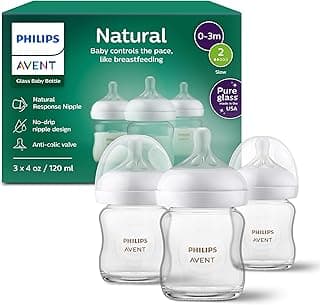 Philips Avent Natural Glass Baby Bottles with Natural Response Nipples (Slow Flow, Flow 2), 4oz, 3-pack, SCY910/03