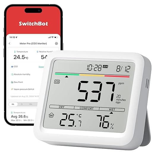 SwitchBot Air Quality Monitor Indoor Meter Pro CO2 Detector, CO2 Monitor, Temperature Humidity Monitor with APP, Bluetooth Air Quality Tester for Car/Home/Office (Meter Pro CO2)