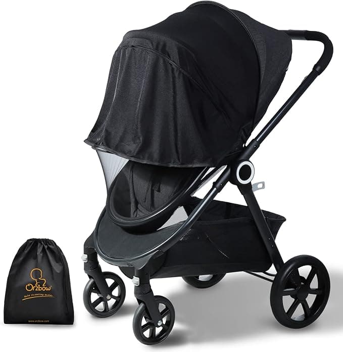 Orzbow Baby Mosquito Net with Sun Shade UPF50+ for Stroller, Universal Stroller Mosquito Netting Privacy Cover with Two-Way Zipper and Storage Bag for Car Seats, Bassinets, Cradles, Mini Cribs, Black