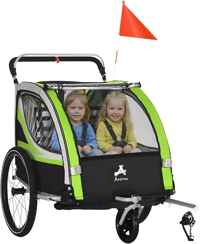 Aosom Baby Bike Trailer for Kids 2 Seater, 3-in-1 Walk/Jog/Ride High-Visibility Bike Stroller for Toddler Wagon, Weather-Strong Double Bicycle Trailer Accessory for Kids