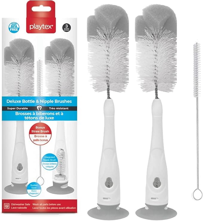 Playtex Baby Deluxe Bottle & Nipple Brushes – 3 Piece Baby Bottle Cleaning Brush with Sponge Tip, Suction Base & Straw Brush – BPA Free and Dishwasher Safe