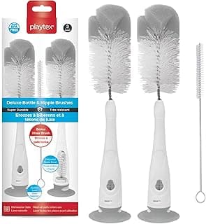 Playtex Baby Deluxe Bottle & Nipple Brushes – 3 Piece Baby Bottle Cleaning Brush with Sponge Tip, Suction Base & Straw Brush – BPA Free and Dishwasher Safe
