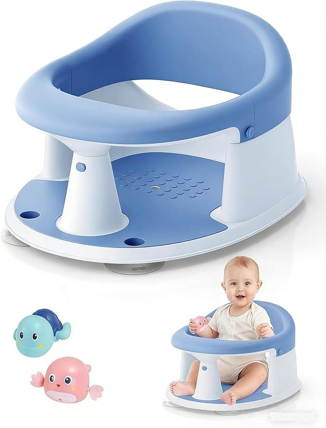 Baby Bath Seat for Babies 6 Months & Up with 3 Baby Bath Toys, Non-Slip, Compact Toddler Bath Seat（Blue）
