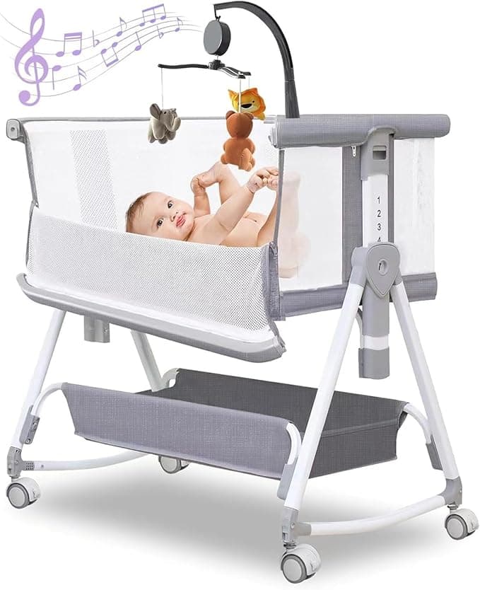 MEICHYUN Baby Bassinet, Baby Bassinet Bedside Sleeper with Musical Toy, All Mesh 7 Height Adjustable Bedside Crib with Storage Basket and Wheels (Grey)
