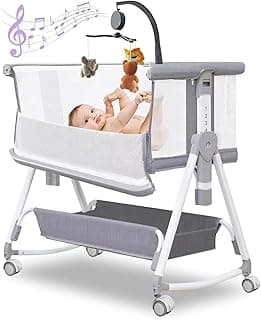 MEICHYUN Baby Bassinet, Baby Bassinet Bedside Sleeper with Musical Toy, All Mesh 7 Height Adjustable Bedside Crib with Storage Basket and Wheels (Grey)