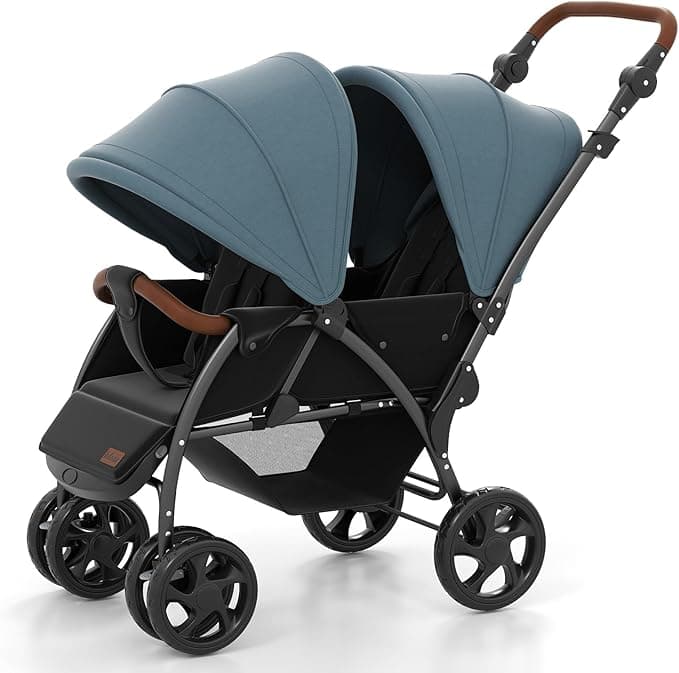 INFANS Double Stroller, Foldable Baby Tandem Stroller with djustable Backrest Canopy Footrest, 5-Point Harness, Storage Basket, Convertible Compact Twin Stroller for Infants and Toddlers (Sage)