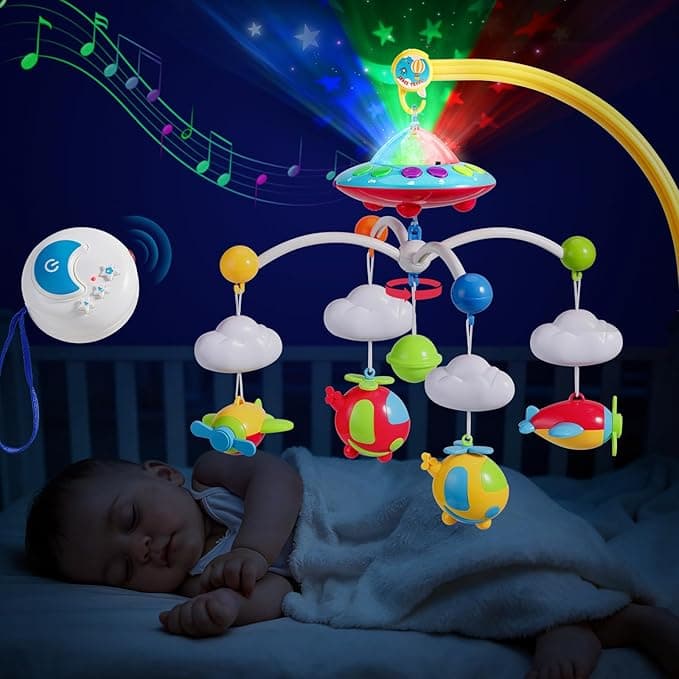 Musical Baby Crib Mobile Toy with Lights and Music, Star Projector Function and Cartoon Rattles, Remote Control Musical Box with 108 Melodies, Toy for Newborn Sleep