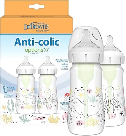 Dr. Brown’s Natural Flow Anti-Colic Options+ Wide-Neck Baby Bottle Designer Edition Bottles, Ocean Decos, 9 oz/270 mL, Level 1 Nipple, 2-Pack, 0m+