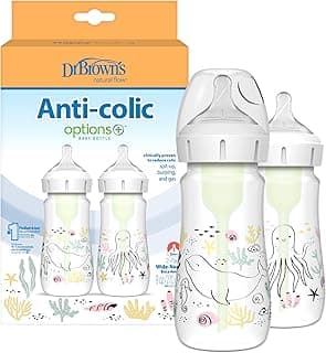 Dr. Brown’s Natural Flow Anti-Colic Options+ Wide-Neck Baby Bottle Designer Edition Bottles, Ocean Decos, 9 oz/270 mL, Level 1 Nipple, 2-Pack, 0m+