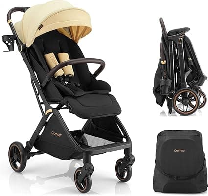 Gromast Gravity Folding Baby Stroller V2.0 - Portable Travel Toddler Stroller w/Adjustable Backrest, Canopy & Cup Holder, Lightweight and UV Protected, One-Hand Automatic Folding - Beige