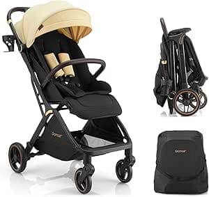 Gromast Gravity Folding Baby Stroller V2.0 - Portable Travel Toddler Stroller w/Adjustable Backrest, Canopy & Cup Holder, Lightweight and UV Protected, One-Hand Automatic Folding - Beige