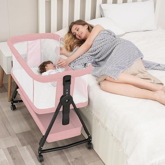 3 in 1 Baby Bassinet, Pink Bedside Bassinet Sleeper with 7 Height Adjustable, Bedside Cribs with Storage Basket and Wheels for Newborn, Easy Folding, Jestonten