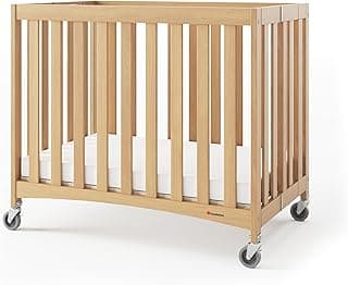 Foundations Travel Sleeper Compact Wooden Folding Crib, Portable Baby Crib with 2” InfaPure Foam Crib Mattress and Commercial Grade Casters, Hotel Crib (Natural)