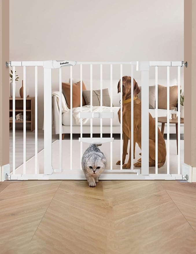 BABELIO 29.5-48" Extra Wide Baby Gate with Cat Door,Auto Close Pet Door for Stairs,Doorways,House,Metal,Pressure/Hardware Mounted,White
