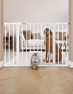 BABELIO 29.5-48" Extra Wide Baby Gate with Cat Door,Auto Close Pet Door for Stairs,Doorways,House,Metal,Pressure/Hardware Mounted,White