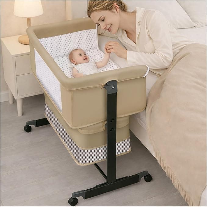 Baby Bassinet Bedside Sleeper - 3 in 1 Adjustable Height Bedside Bassinet with Breathable Mesh, Wheels & Storage Basket and Bag, Portable Folding Baby Cradle for Infants & Newborns, Khaki