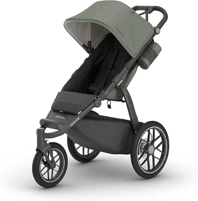 UPPAbaby Ridge V2 Jogging Stroller | All-Terrain Performance Suspension + Never-Flat Tires Built for Walking, Running + Trails | Water Bottle Holder Included | Evelyn (Meadow Green | Carbon Frame)